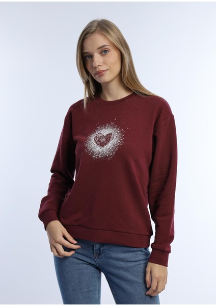 Kadın Kalp Baskılı 3 Iplik Şardonsuz Sweatshirt Bordo