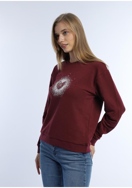 Kadın Kalp Baskılı 3 Iplik Şardonsuz Sweatshirt Bordo