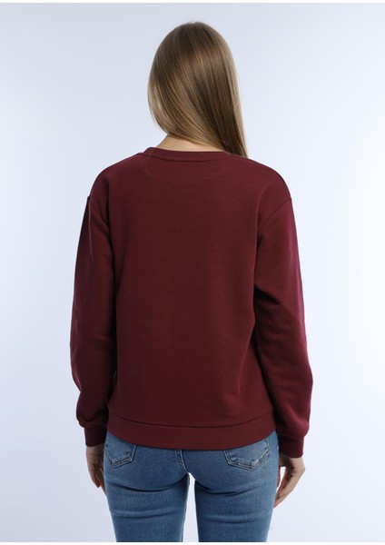 Kadın Kalp Baskılı 3 Iplik Şardonsuz Sweatshirt Bordo