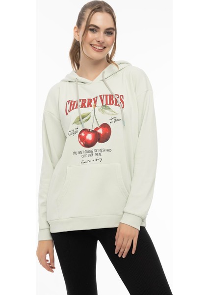 Kadın Kiraz Baskılı 3 Iplik Şardonsuz Sweatshirt Mint