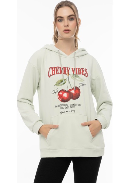 Kadın Kiraz Baskılı 3 Iplik Şardonsuz Sweatshirt Mint fiyatları