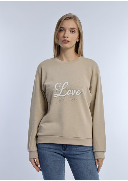 Kadın Love Baskılı 3 Iplik Şardonsuz Sweatshirt Bej