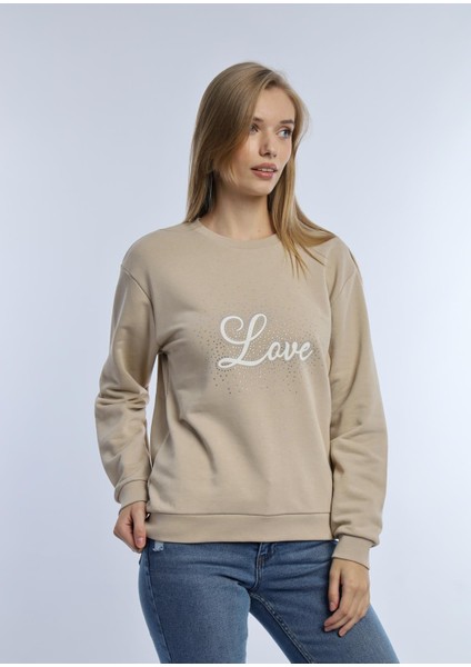 Kadın Love Baskılı 3 Iplik Şardonsuz Sweatshirt Bej