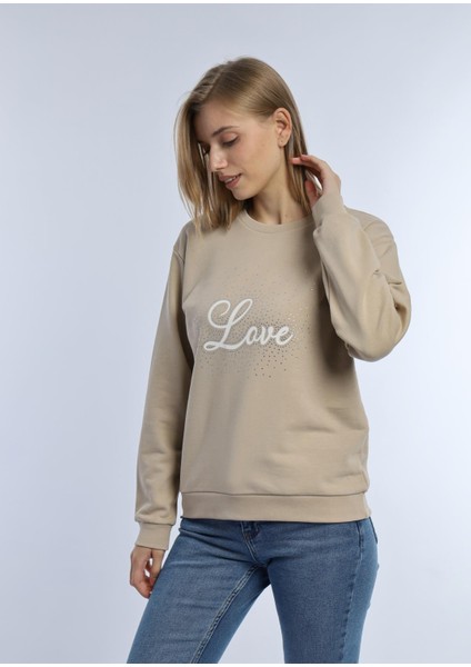 Kadın Love Baskılı 3 Iplik Şardonsuz Sweatshirt Bej