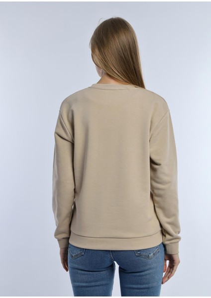 Kadın Love Baskılı 3 Iplik Şardonsuz Sweatshirt Bej