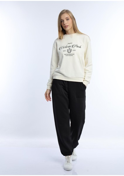 Kadın 3 Iplik Şardonsuz United Kingdom Nakışlı Sweatshirt Siyah