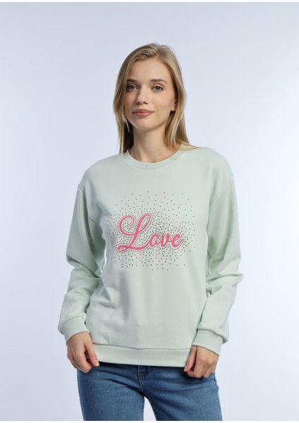 Kadın Love Baskılı 3 Iplik Şardonsuz Sweatshirt Mint
