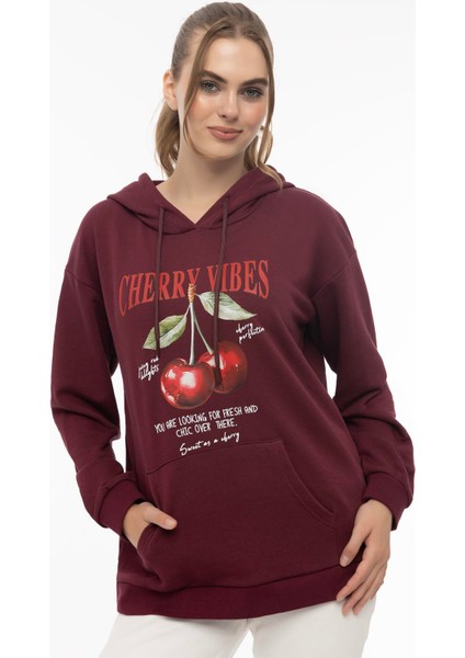 Kadın Kiraz Baskılı 3 Iplik Şardonsuz Sweatshirt Bordo