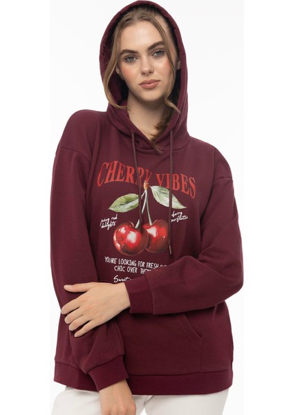 Kadın Kiraz Baskılı 3 Iplik Şardonsuz Sweatshirt Bordo