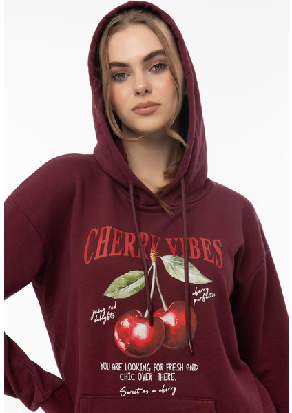 Kadın Kiraz Baskılı 3 Iplik Şardonsuz Sweatshirt Bordo