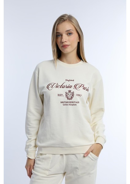 Kadın 3 Iplik Şardonsuz United Kingdom Nakışlı Sweatshirt Bordo