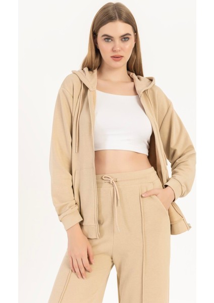 Kadın Fermuarlı Regular Fit Sweatshirt Bej