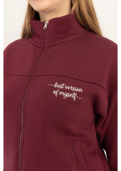 Kadın Fermuarlı Dik Yaka Sweatshirt Bordo modelleri