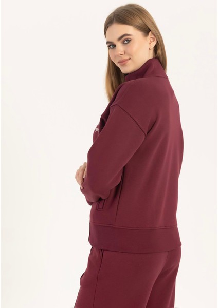 Kadın Fermuarlı Dik Yaka Sweatshirt Bordo fırsatları