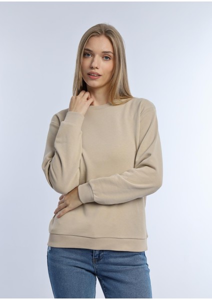 Kadın 3 Iplik Şardonsuz Bisiklet Yaka Sweatshirt Bej