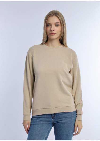 Kadın 3 Iplik Şardonsuz Bisiklet Yaka Sweatshirt Bej