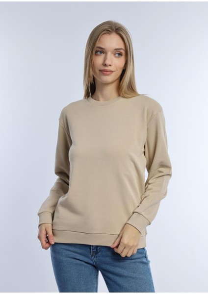 Kadın 3 Iplik Şardonsuz Bisiklet Yaka Sweatshirt Bej