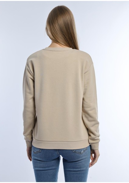 Kadın 3 Iplik Şardonsuz Bisiklet Yaka Sweatshirt Bej