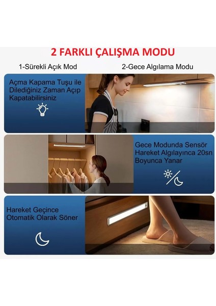 Şarjlı Dolap Işığı 3 Renk Kısılabilir Mutfak Dolap Tezgah Çalışma Odası LED Gece Lambası - 40 cm