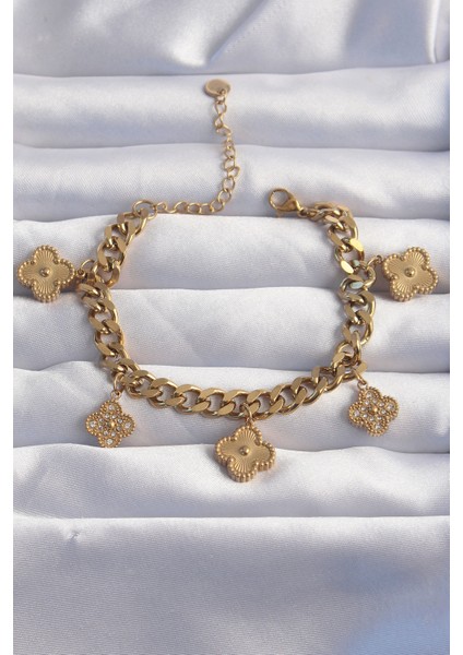 Yeni Xdn Çelik Gold Renk Zirkon Taşlı Yonca Model Bileklik