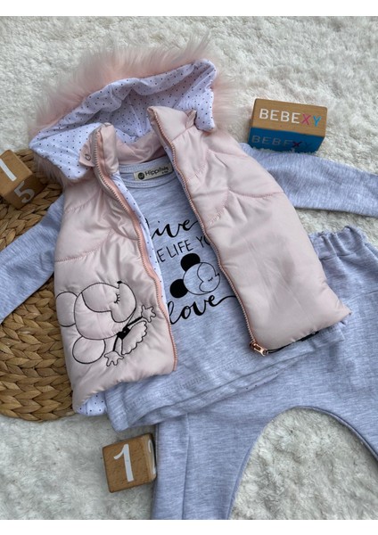 The Life Baskılı Şişme Yelekli Üçlü Takım Pembe