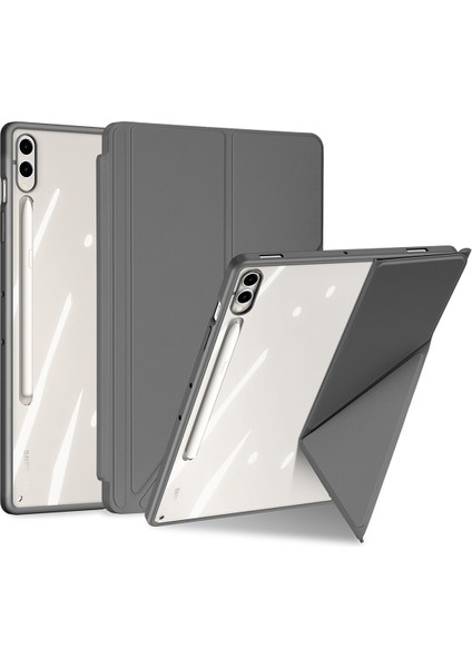Samsung Galaxy Tab S10 Plus Kılıf Origami Standlı Deri+Pc+Tpu Şeffaf Arka Kapak-Gri (Yurt Dışından)