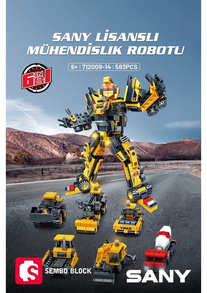 Sembo Block Sany Lisanslı 6'sı 1 Arada Mühendislik Robotu 583 Parça Yapı Blokları LEGO ile Uyumlu (712009-712014)