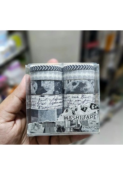 Vintage Washi Tape Bant Siyah Beyaz Yapışkanlı Maskeleme Kağıdı Desenli Bant 10 Lu - Tablo Yazı Galaksi