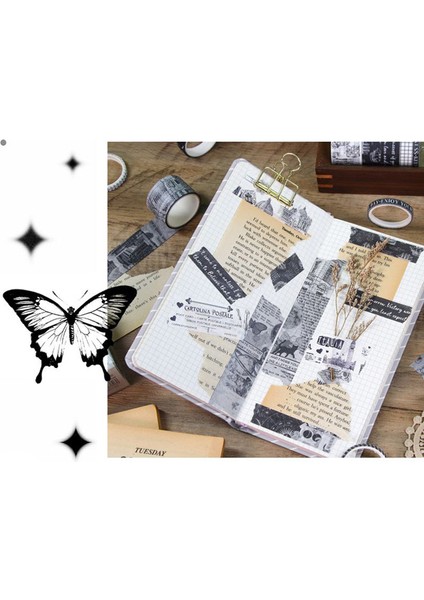 Vintage Washi Tape Bant Siyah Beyaz Yapışkanlı Maskeleme Kağıdı Desenli Bant 10 Lu - Tablo Yazı Galaksi fırsatları