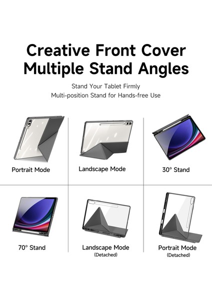 Samsung Galaxy Tab S10 Plus Kılıf Origami Standlı Deri+Pc+Tpu Şeffaf Arka Kapak-Gri (Yurt Dışından)