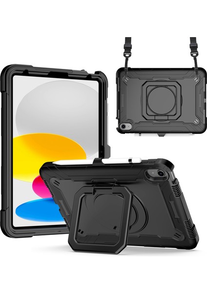 iPad 10.9(2022) Koruyucu Kılıf Kalem Tutuculu Silikon Pc Tablet Kılıfı Döner Saplı Omuz Askılı Kickstand Kapağı- (Yurt Dışından)