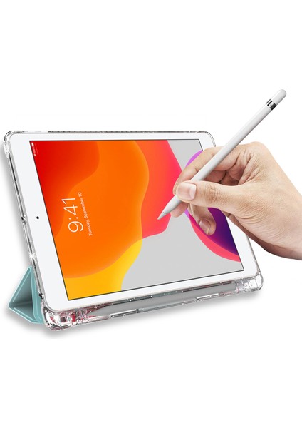 Desen Baskı Üç Katlı Stand Pu Deri Kılıf + Şeffaf Tpu Arka Panel Tablet Kılıfı iPad 10.2(2021)/(2020)/(2019)-MERMER Desen/açık (Yurt Dışından)