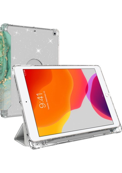 Desen Baskı Üç Katlı Stand Pu Deri Kılıf + Şeffaf Tpu Arka Panel Tablet Kılıfı iPad 10.2(2021)/(2020)/(2019)-MERMER Desen/açık (Yurt Dışından)