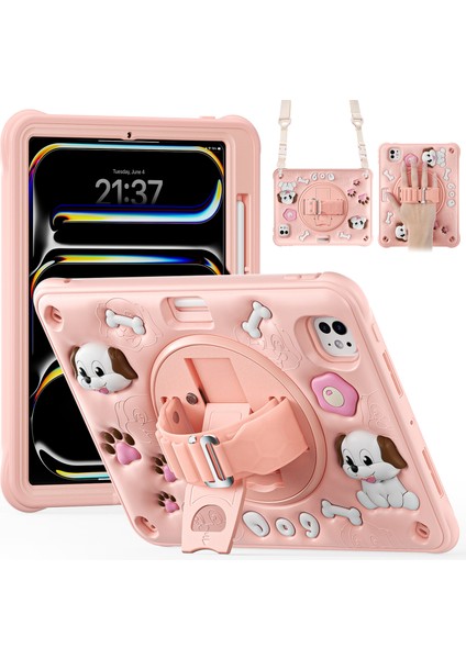 iPad Pro 11(2024) Omuz Askılı Kılıf Kickstand Sevimli Köpek Pc+Silikon+Tpu Tablet Kılıfı (Yurt Dışından)