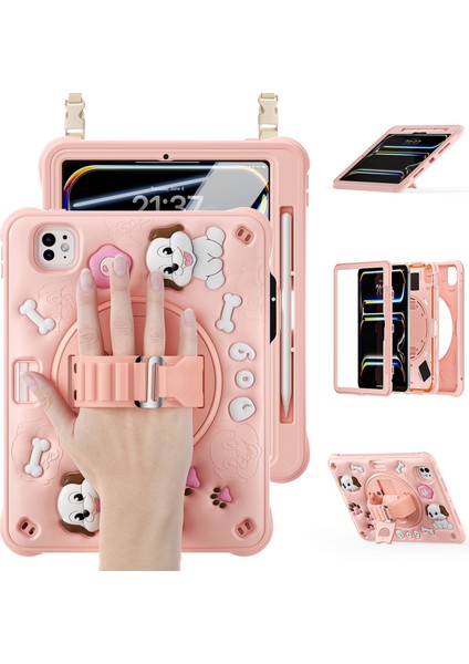 iPad Pro 11(2024) Omuz Askılı Kılıf Kickstand Sevimli Köpek Pc+Silikon+Tpu Tablet Kılıfı (Yurt Dışından)