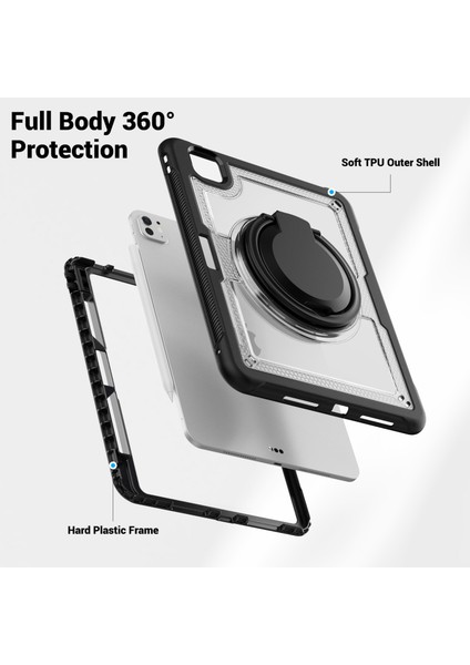 iPad Pro 11(2024)M4 A2836 Kılıf Darbeye Dayanıklı Pc+Tpu Tablet Kılıfı, Kickstandlı, Kalemlik-Şeffaf (Yurt Dışından)