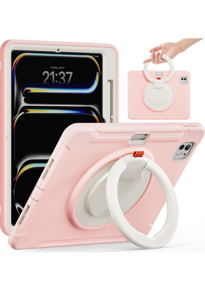 iPad Pro 11(2024) Kılıf El Tutma Çubuğu Pc+Tpu Kapaklı Kalem Yuvası-Kiraz Çiçekleri (Yurt Dışından)