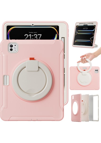iPad Pro 11(2024) Kılıf El Tutma Çubuğu Pc+Tpu Kapaklı Kalem Yuvası-Kiraz Çiçekleri (Yurt Dışından)