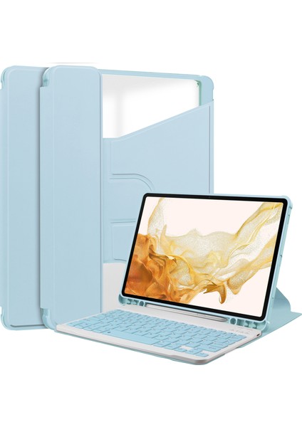 Samsung Galaxy Tab S10+KILIF 360° Döner Stand Pu Deri+Akrilik Tablet Kılıfı (Klavyeli)-Gök Si (Yurt Dışından)