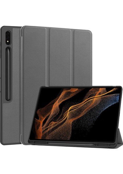 Samsung Galaxy Tab S10 Ultra Standlı Kılıf Şok Emici Deri Kalem Yuvalı Tablet Kılıfı-Gri (Yurt Dışından)