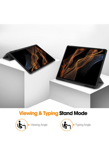 Samsung Galaxy Tab S10 Ultra Standlı Kılıf Şok Emici Deri Kalem Yuvalı Tablet Kılıfı-Gri (Yurt Dışından)