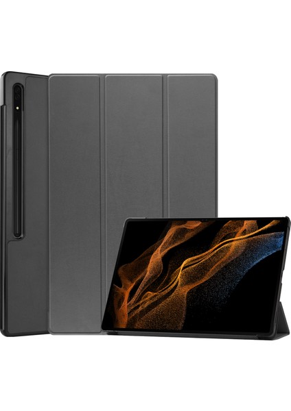 Samsung Galaxy Tab S10 Ultra Kılıf Düşme Önleyici Deri Standlı Tablet Kılıfı-Gri (Yurt Dışından)