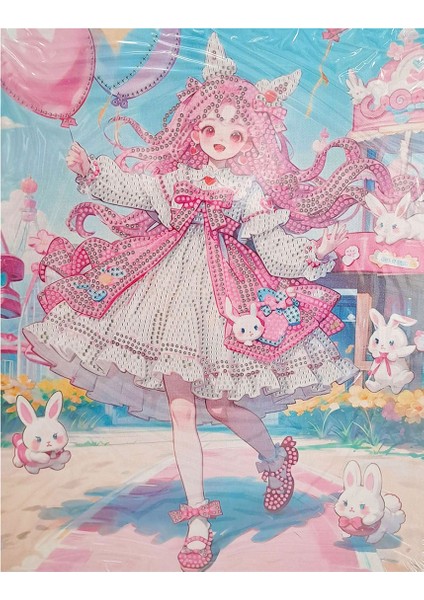 5d Elmas Taş Işleme Kiti 27 x 33 cm Tavşanlı Kız Desen