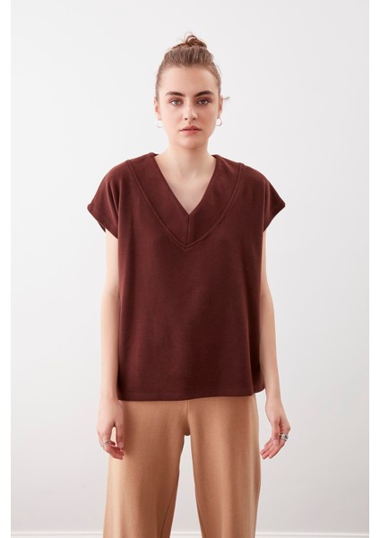 V Yaka Düşük Kol Örme Sweat