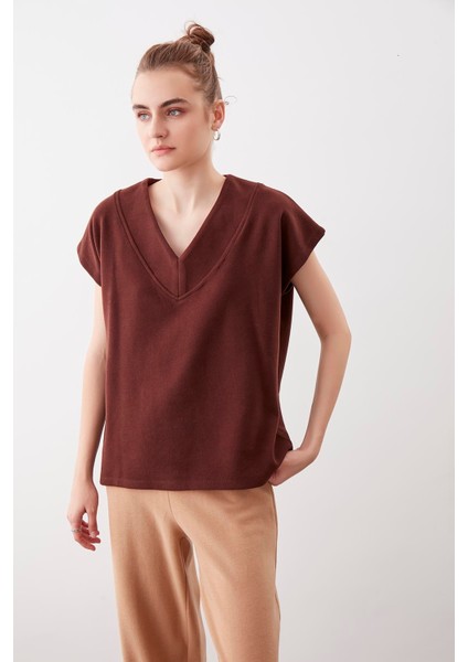 V Yaka Düşük Kol Örme Sweat fiyatları