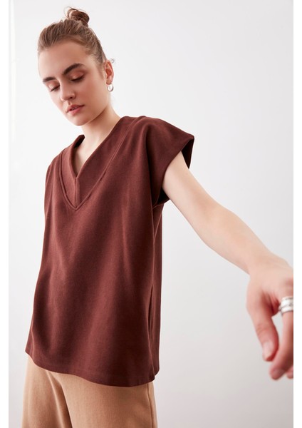 V Yaka Düşük Kol Örme Sweat indirimleri