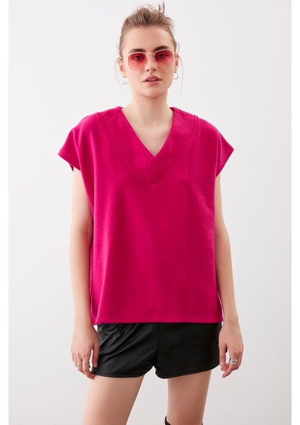 V Yaka Düşük Kol Örme Sweat