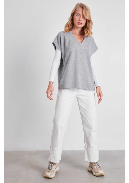 V Yaka Düşük Kol Örme Sweat fiyatları