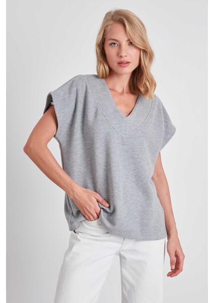 V Yaka Düşük Kol Örme Sweat fırsatları