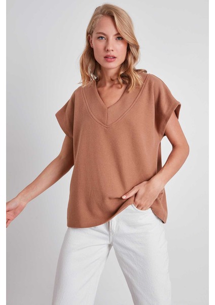 V Yaka Düşük Kol Örme Sweat